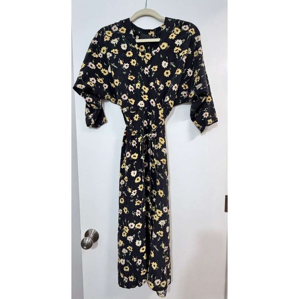 NO. 6 STORE Viola Wrap Dress Silk Black Yellow Floral Print Midi Sz 1 (M) ($495)